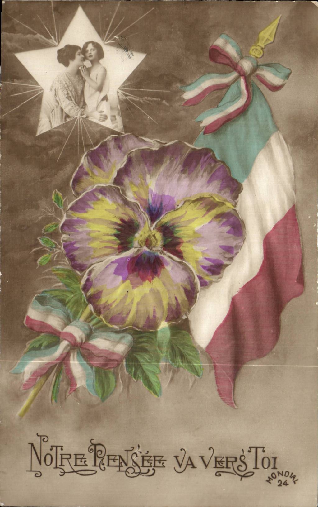 CPA Fantaisie Fleurs Notre pensee va vers toi Militaria 