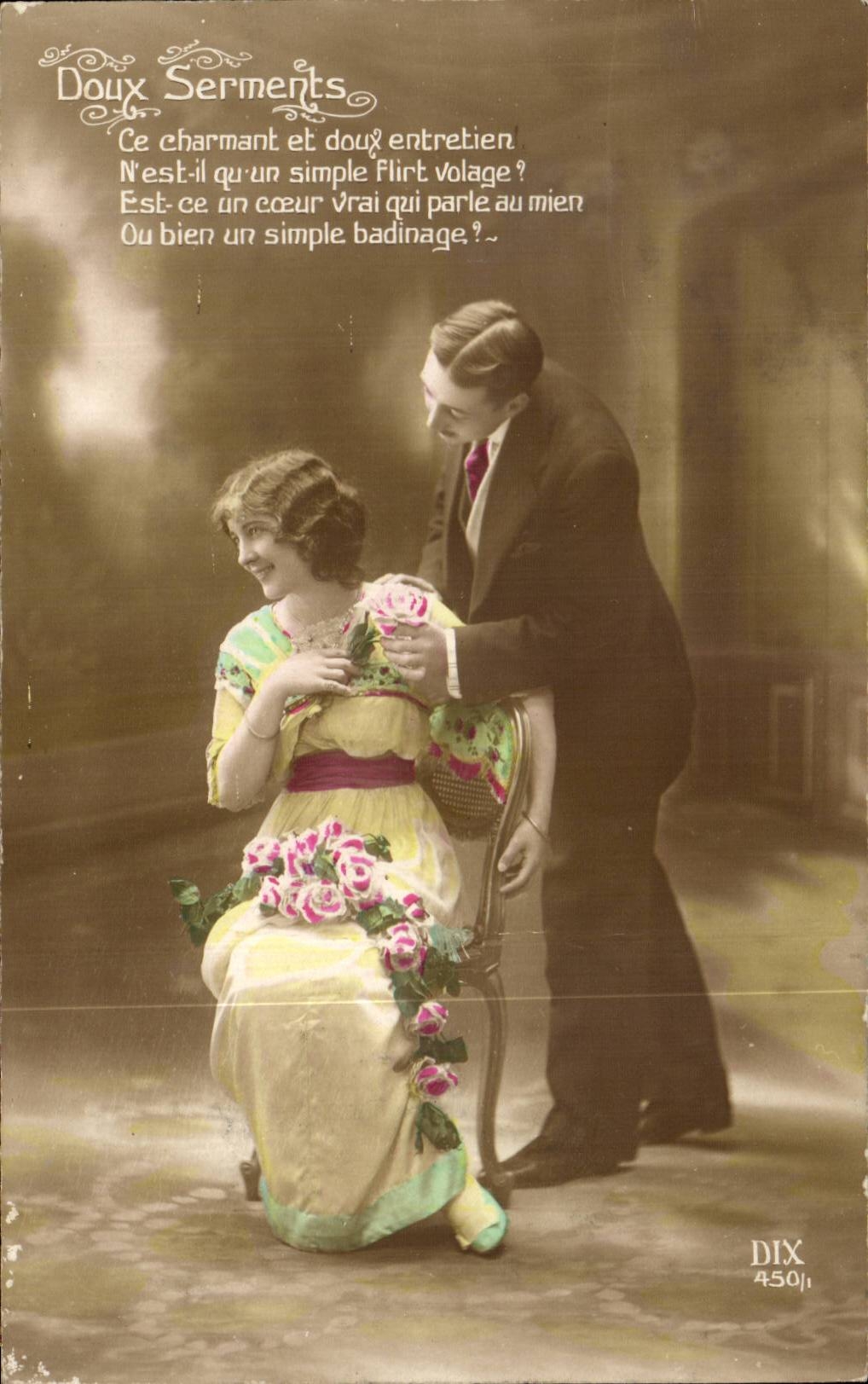 Doux Serments — scène de flirt avec rose — éditeur DIX n°4501