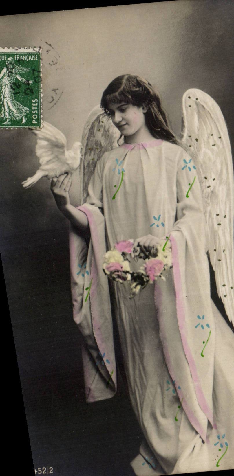 Angélus avec colombe — carte postale allemande — imprimée en Allemagne