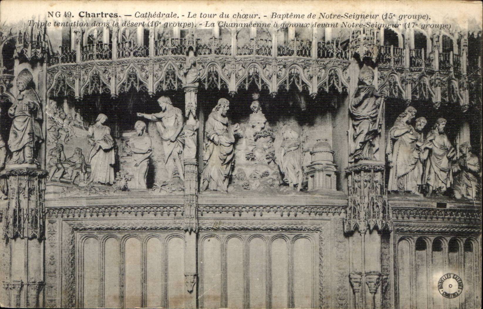 Chartres — Cathédrale. Le tour du chœur. Triple tentation dans le désert (16e groupe). La Chananéenne à genoux devant Notre-Seigneur (17e groupe).
