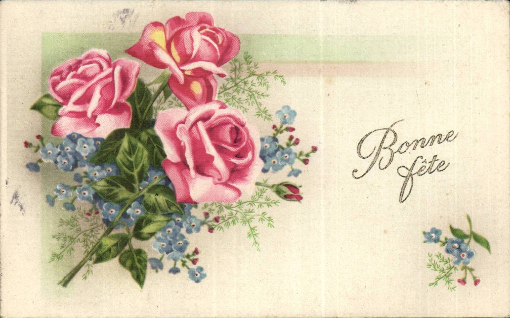 CPA Fantaisie Fleurs Rose Bonne fete