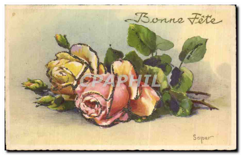 CPA Fantaisie Fleurs Roses Bonne fete