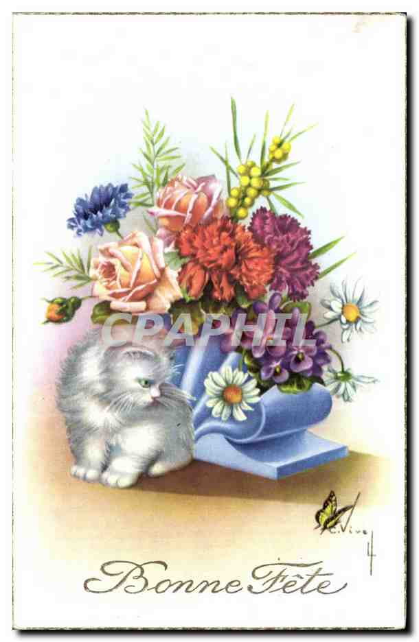 CPA Fantaisie Chat Cat papillon Butterfly Bonne fete 