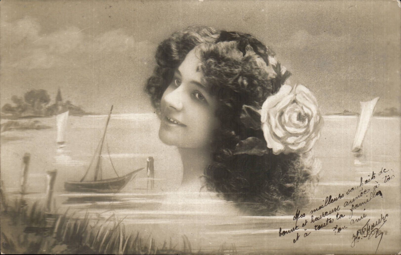 Junge Frau am Wasser — Rose im Haar — Verlag nicht sichtbar