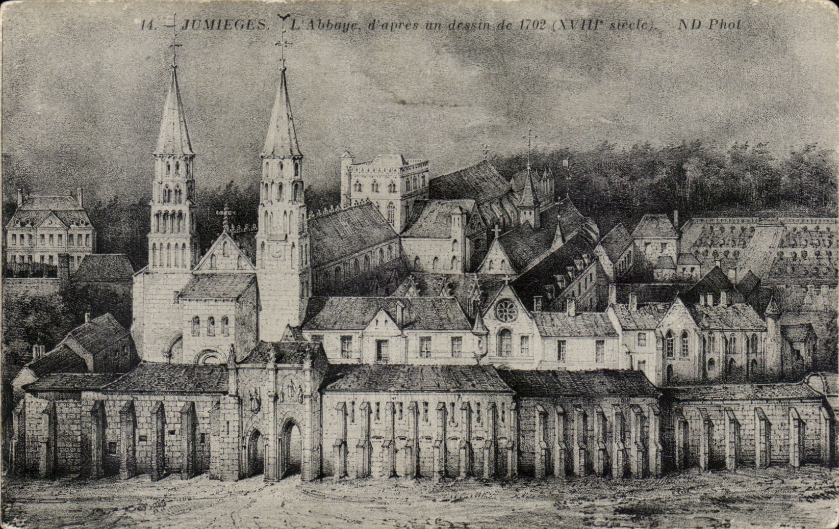 Jumieges — L'Abbaye d'après un dessin de 1702 (XVIIIe siècle) — ND Phot