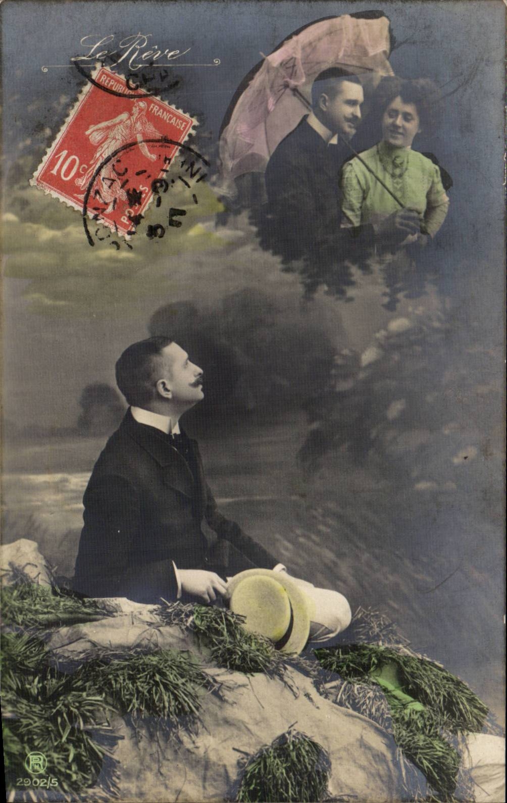 Mann sitzt und träumt — Paar unter einem Regenschirm — Verlag Le Rêve, Nr. 2902/5