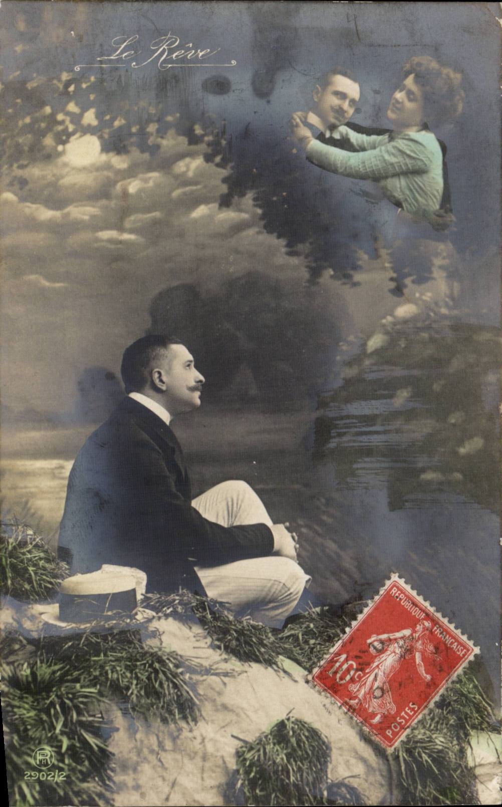 Un hombre sentado contemplando una pareja en las nubes — Le Rêve — editor R. 290212