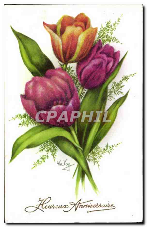 CPA Fantaisie Fleurs Heureux anniversaire