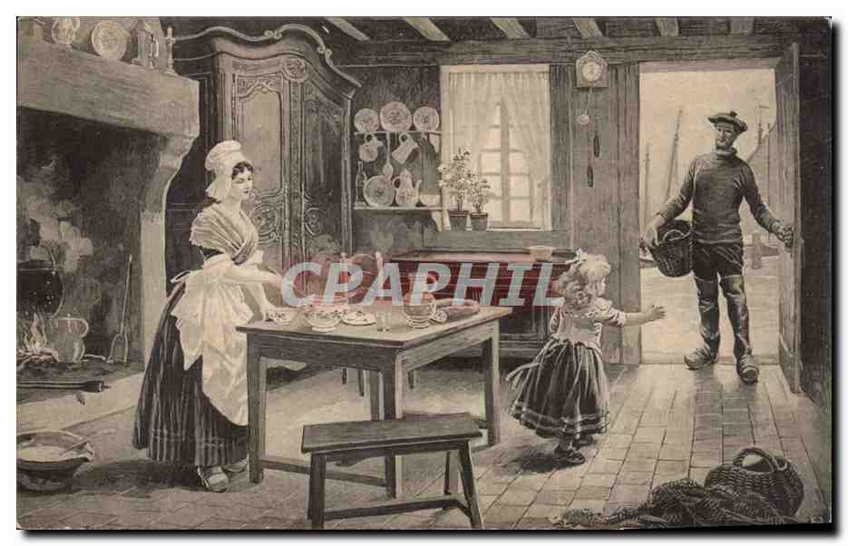 CPA Folklore interieur Breton Costume