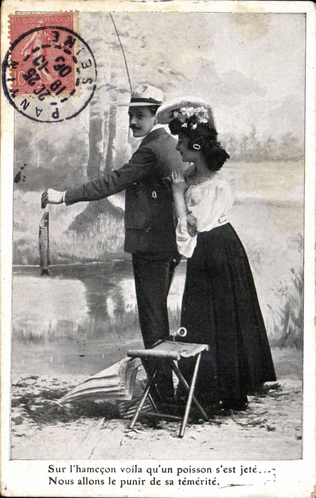 Pêcheur et femme — punition d'un poisson téméraire — éditeur non identifié
