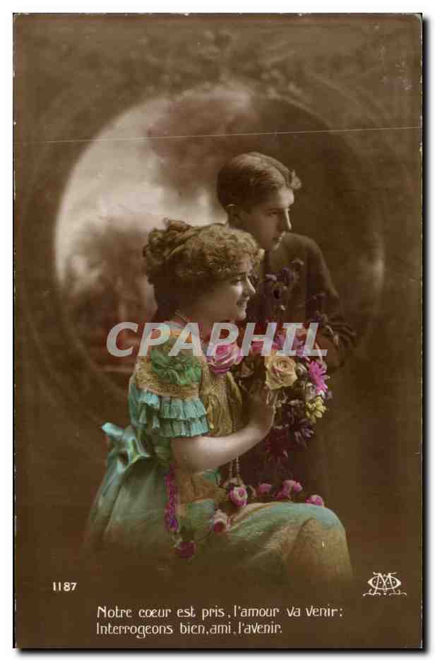 Jeune couple devant une lune — texte imprimé — éditeur AM et n° 1187