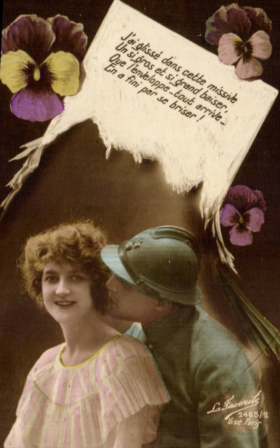 Soldat et femme — scène affectueuse avec poème — La Favoruite, n°2465/2, Paris