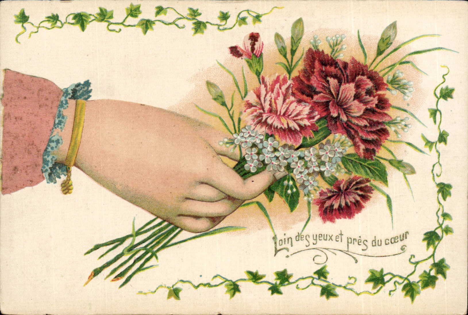 CPA Fantaisie Fleurs Main Hand Loin des yeux loin du coeur
