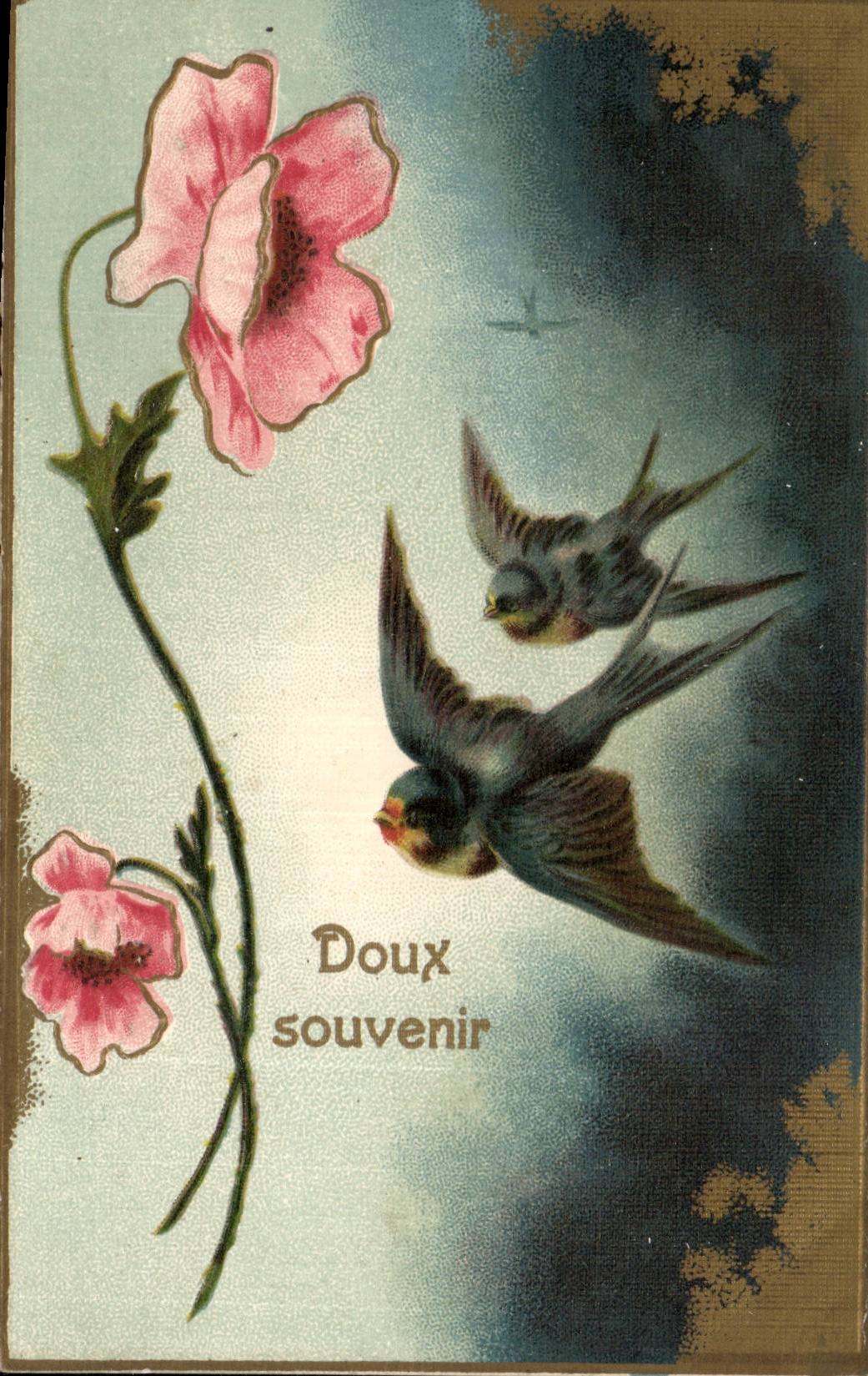CPA Fantaisie Fleurs Hirondelles Doux souvenir