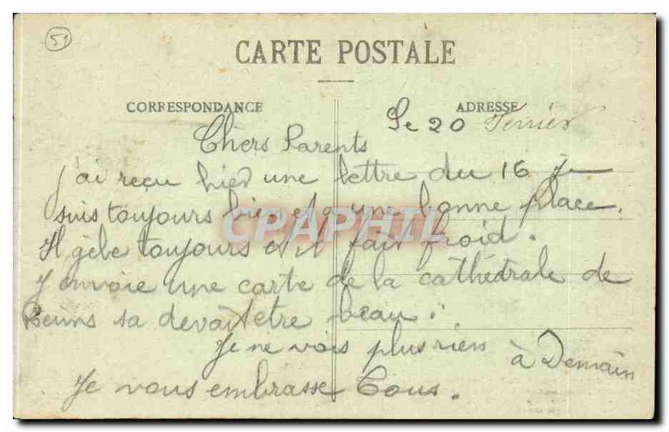 Reims — Cathédrale incendiée par les Allemands, 19 Sept. 1914 — Reproduction interdite, éditeur : Imprimerie de Reims, n° 3 bis — Back