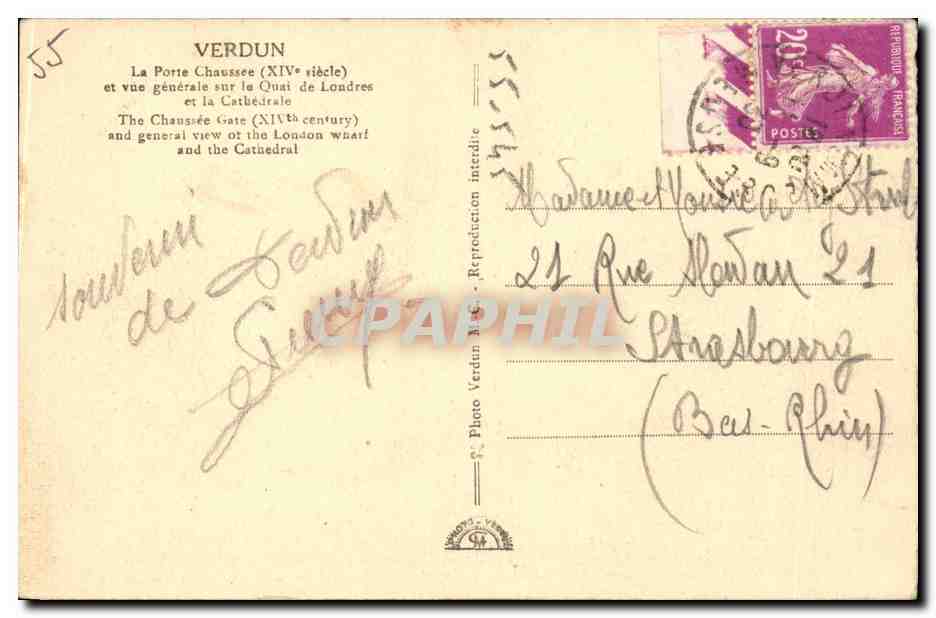 CPA Verdun La porte chaussee et vue generale sur le quai de Londres et la cathedrale — Rückseite