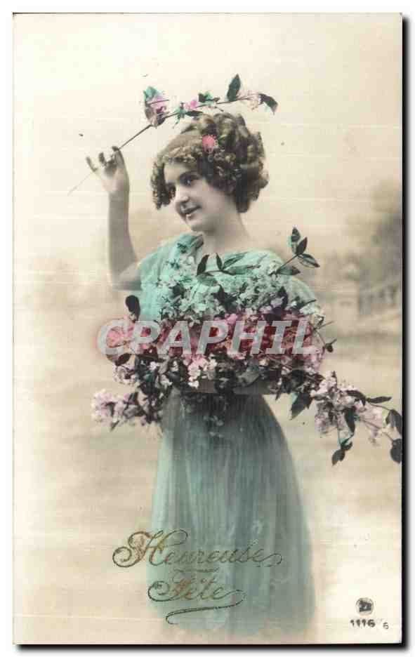 Jeune femme en robe bleue tenant un bouquet de fleurs — Hameau de Fête — éditeur Hameau de Fête, n° 1116