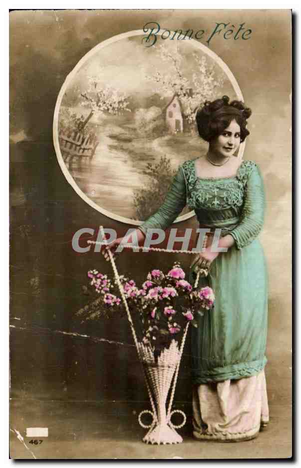 Femme en robe verte tenant un panier de fleurs — Bonne Fête — Graphil n°467