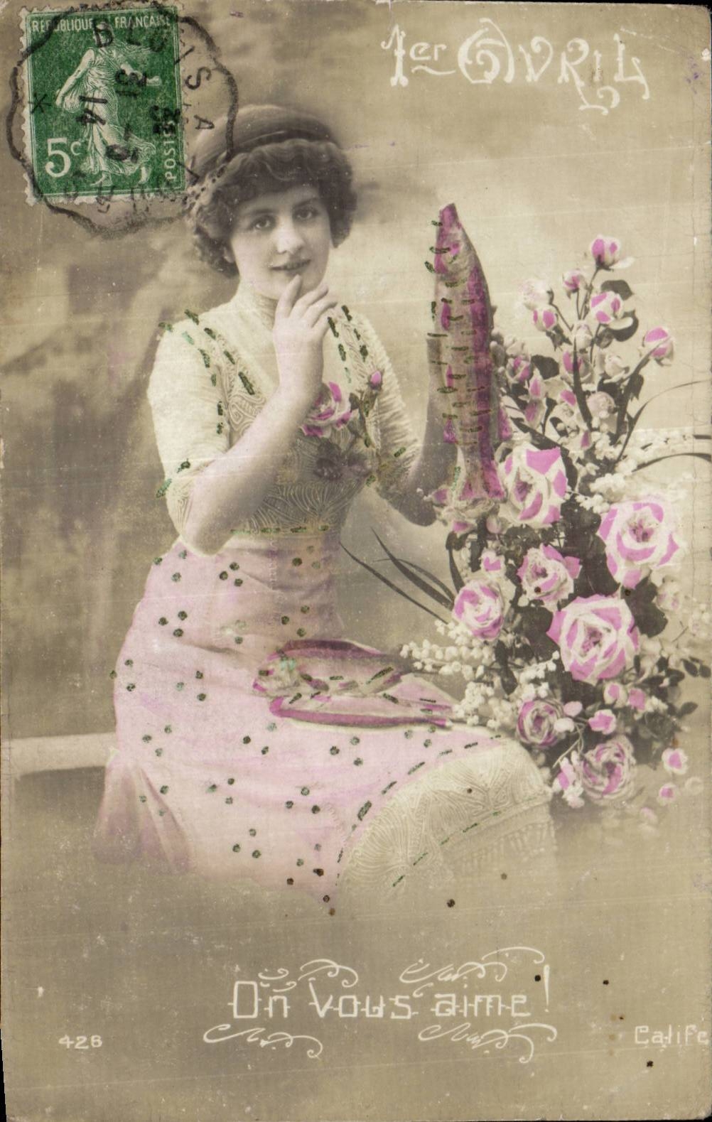 Frau in einem rosa Kleid mit Rosenstrauß — Calife, Nr. 428 — Verlag Calife