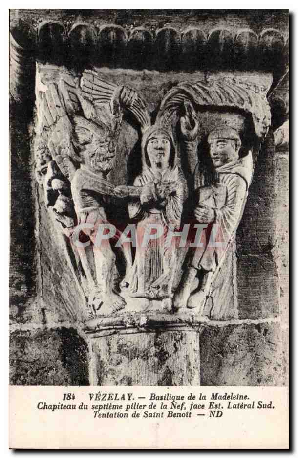 Vézelay — Chapiteau du septième pilier de la Nef, face Est, Latéral Sud — Tentation de Saint Benoît — Éditeur : Letelier, Paris