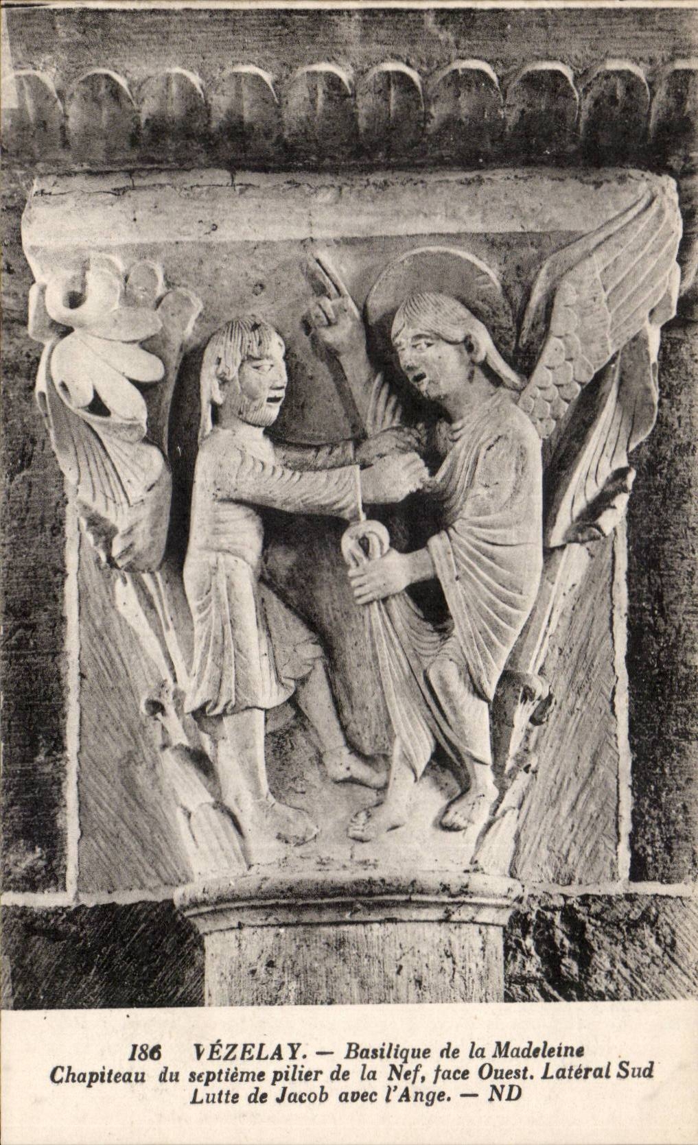 Vézelay — Basilique de la Madeleine, chapiteau du septième pilier de la nef, face ouest, lutte de Jacob avec l'Ange — ND