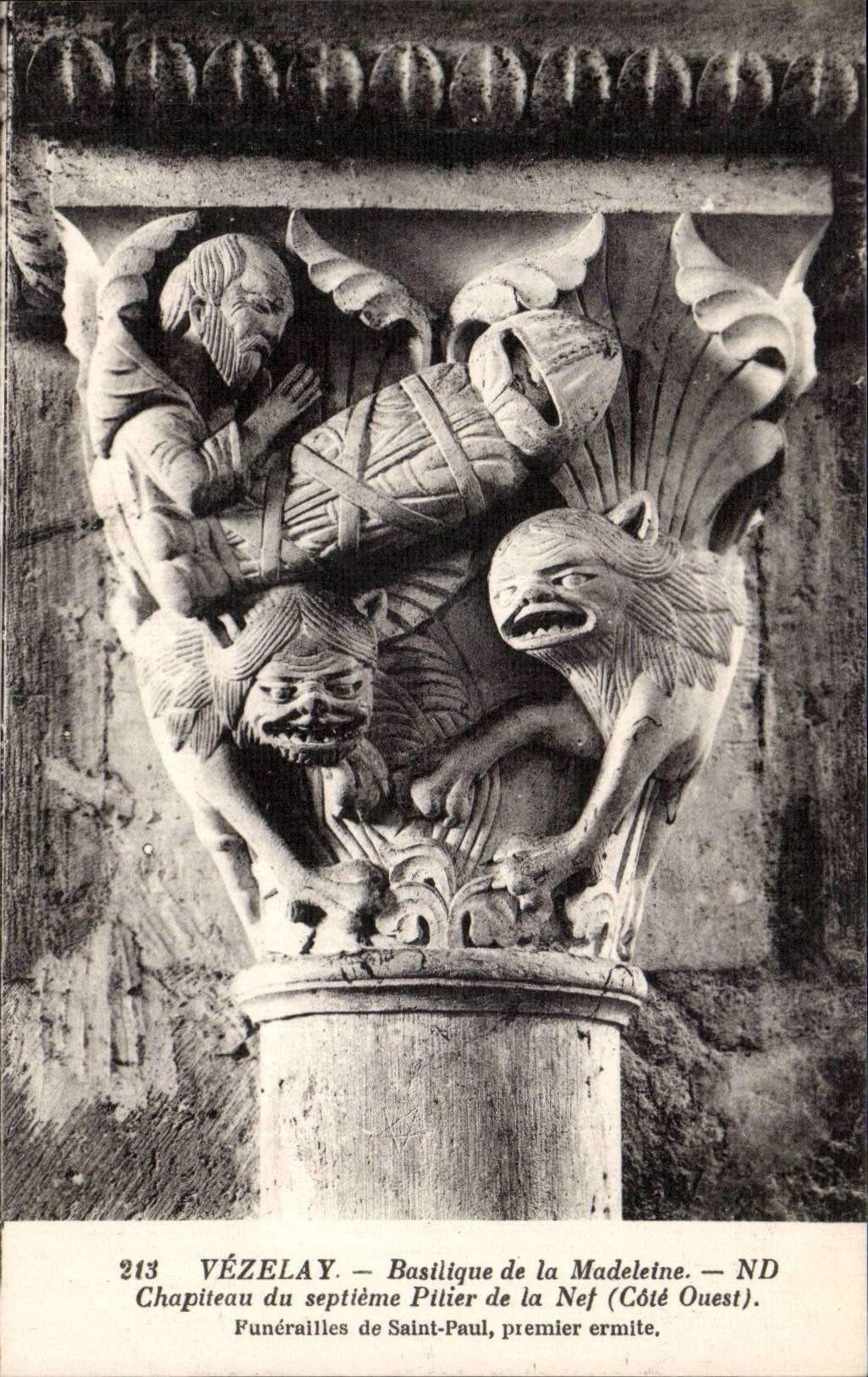 Vézelay — Basilique de la Madeleine — Chapiteau du septième pilier de la nef, côté ouest — Funérailles de Saint-Paul, premier ermite — n° 213