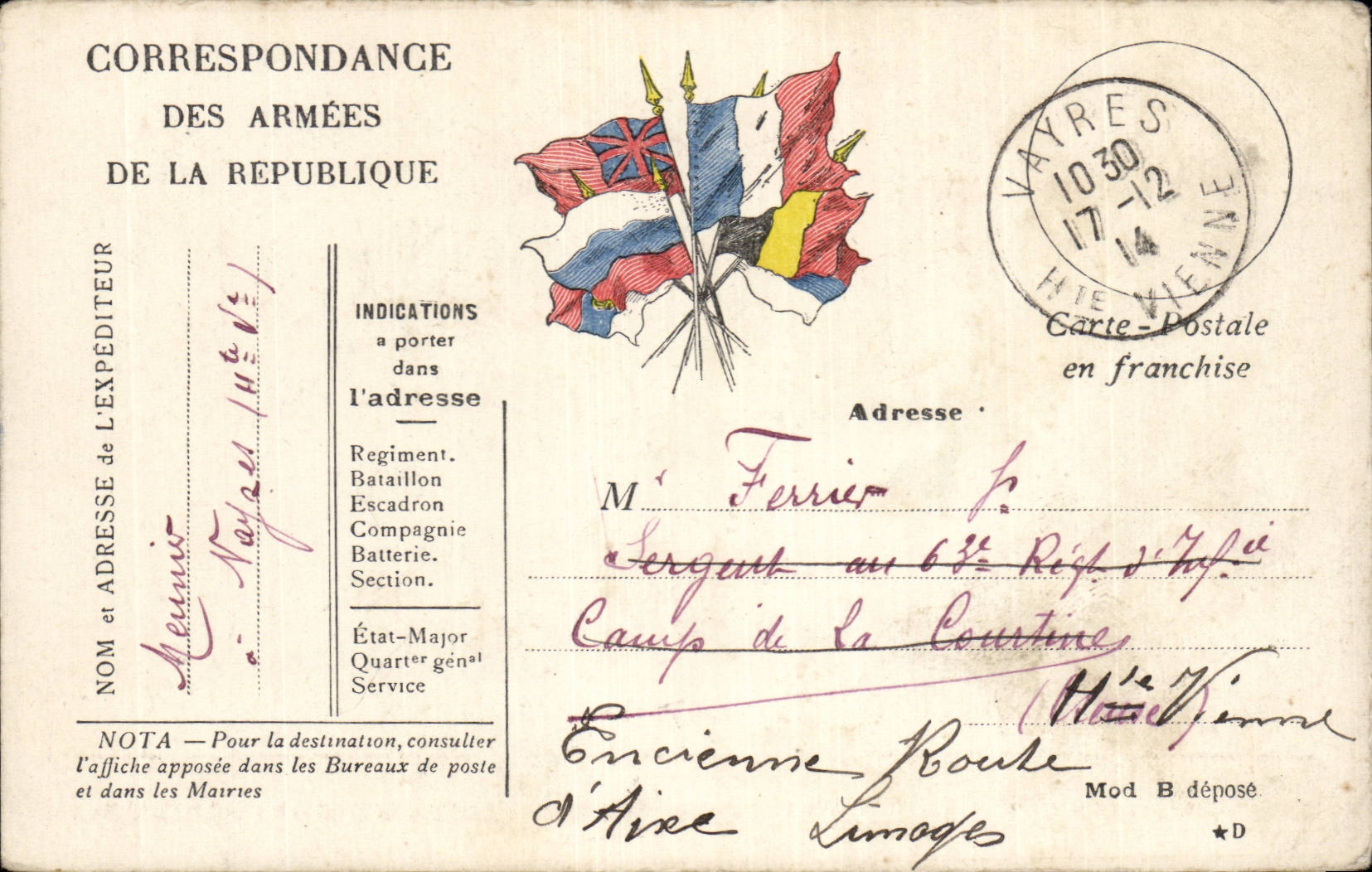 Carte de Correspondance Mr Ferrier Camp de la Courtine Limoges