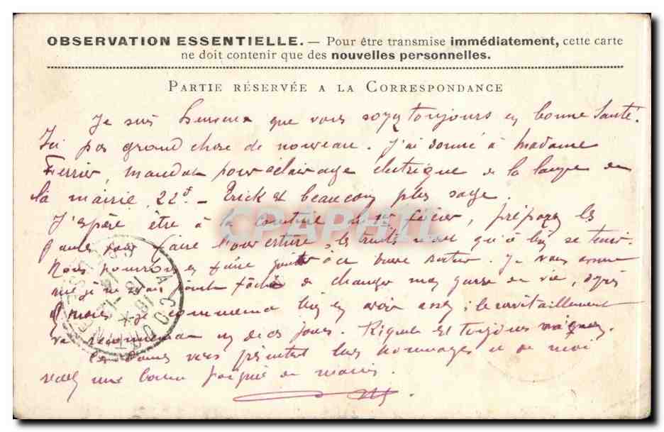 Carte de Correspondance Mr Ferrier Camp de la Courtine Limoges — Rückseite