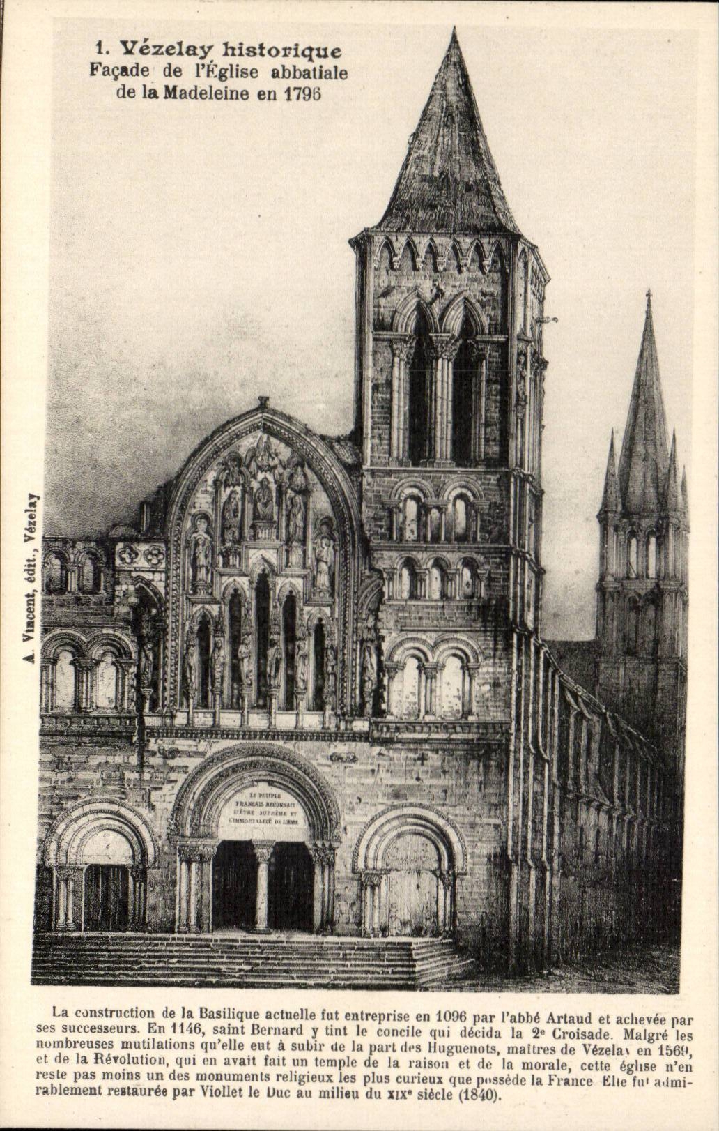 Vézelay historique — Façade de l'Église abbatiale en 1796 — A. Vincent, édit. Vézelay
