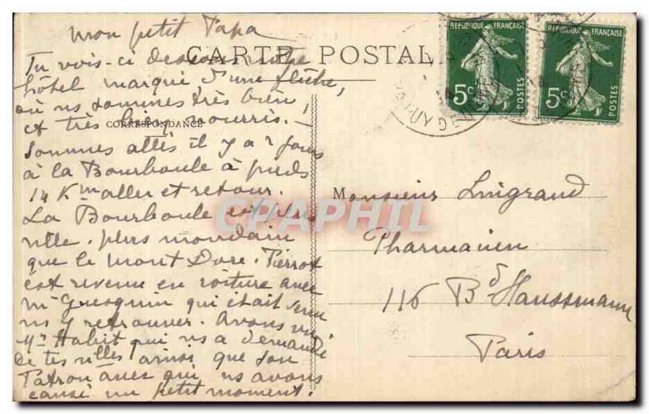 Puy-de-Dôme — Carrefour de la Route de Clermont et Route de La Bourboule — Hôtel L'AUVERGNE — éditeur non identifié — Verso