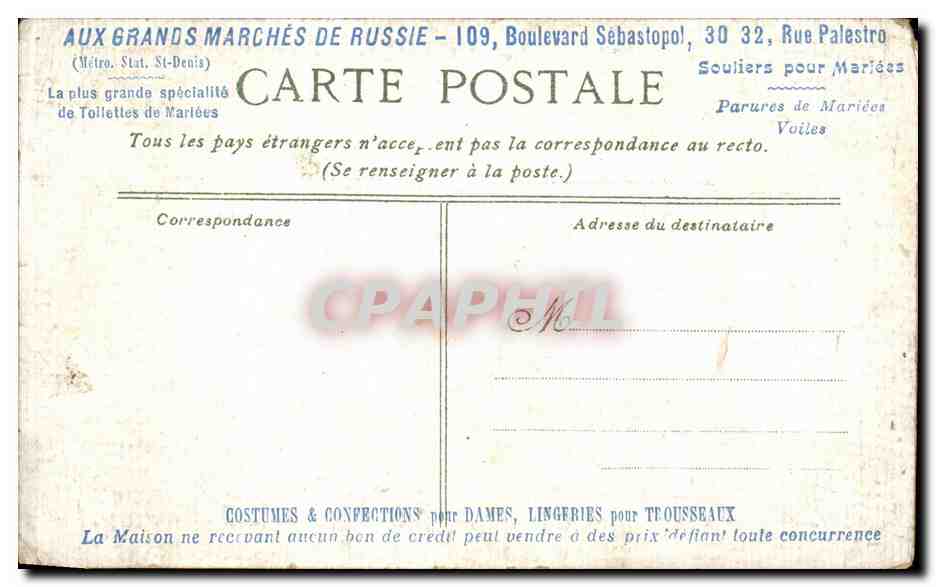 CPA Clermont Ferrand Les fontaines petrifiantes Publicite Aux grands marches de Russie rue Palestro — Rückseite