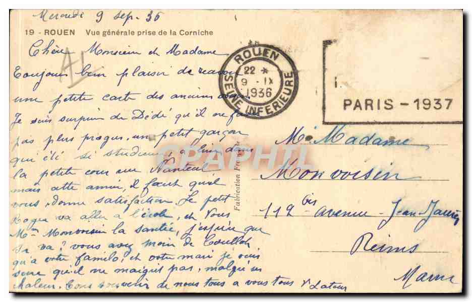 CPA Rouen Vue generale vers la corniche — Verso
