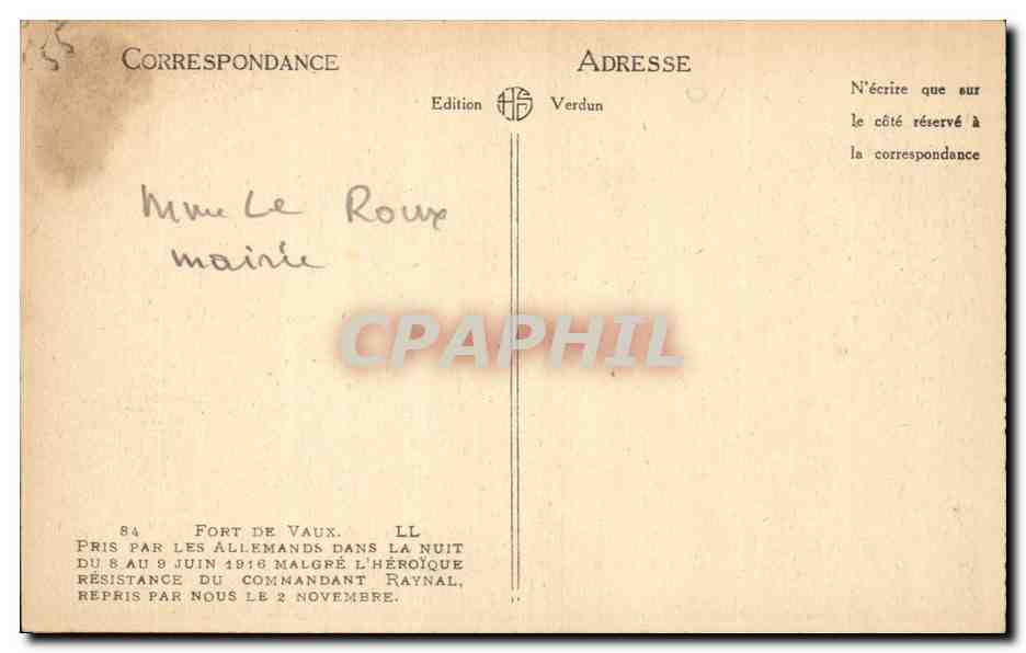 Fort de Vaux — Pris par les Allemands le 8 juin 1916, repris le 2 novembre — Édition Verdun — Verso