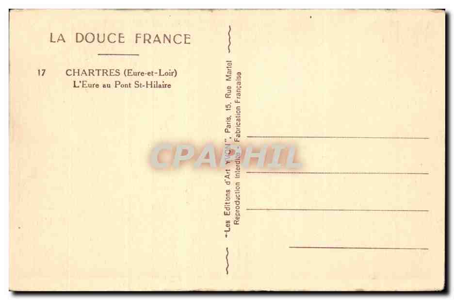 Chartres (Eure-et-Loir) — L'Eure au Pont St-Hilaire — Les Éditions d'Art 'YACON' Paris — Verso