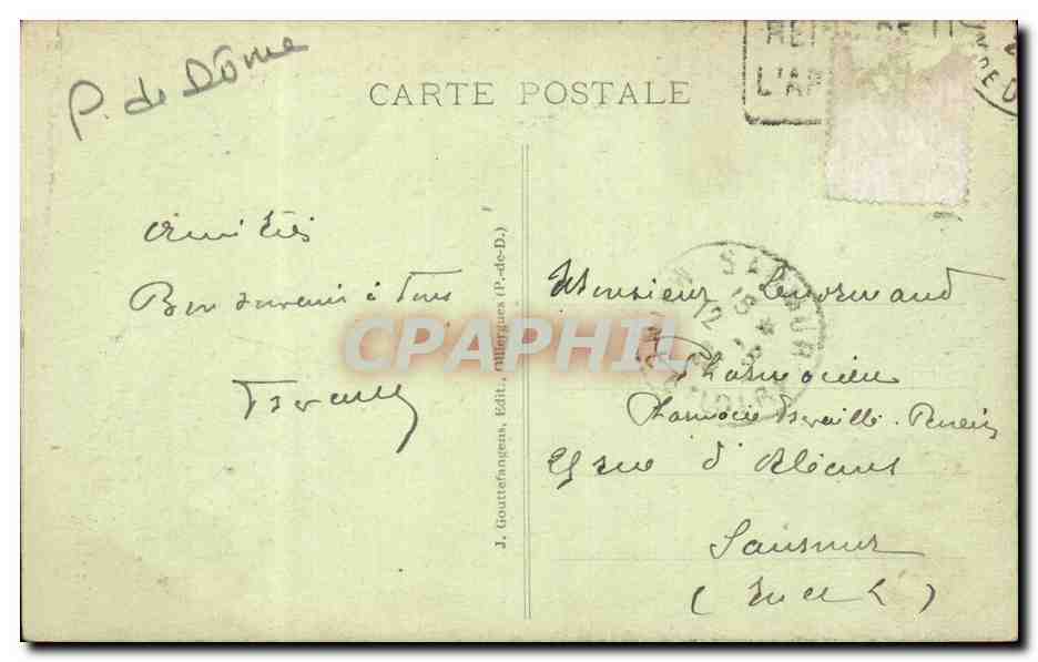 La Bourboule — Sommet de la Roche des Fées et Château de Murat-le-Quaire — J. Gouttefanges, édit. (P.-de-B.) — Verso