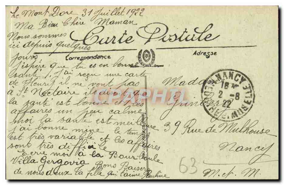 CPA Le Mont Dore Place Michel Bertrand — Verso