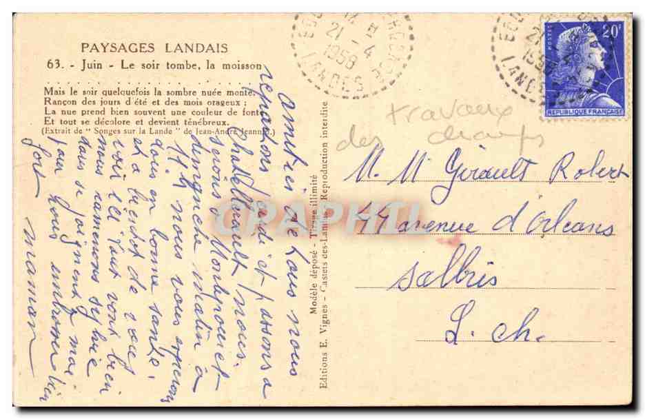 Paysage Landais - Juin - Le Soir Tombe - La Moisson - CPA  — Rückseite