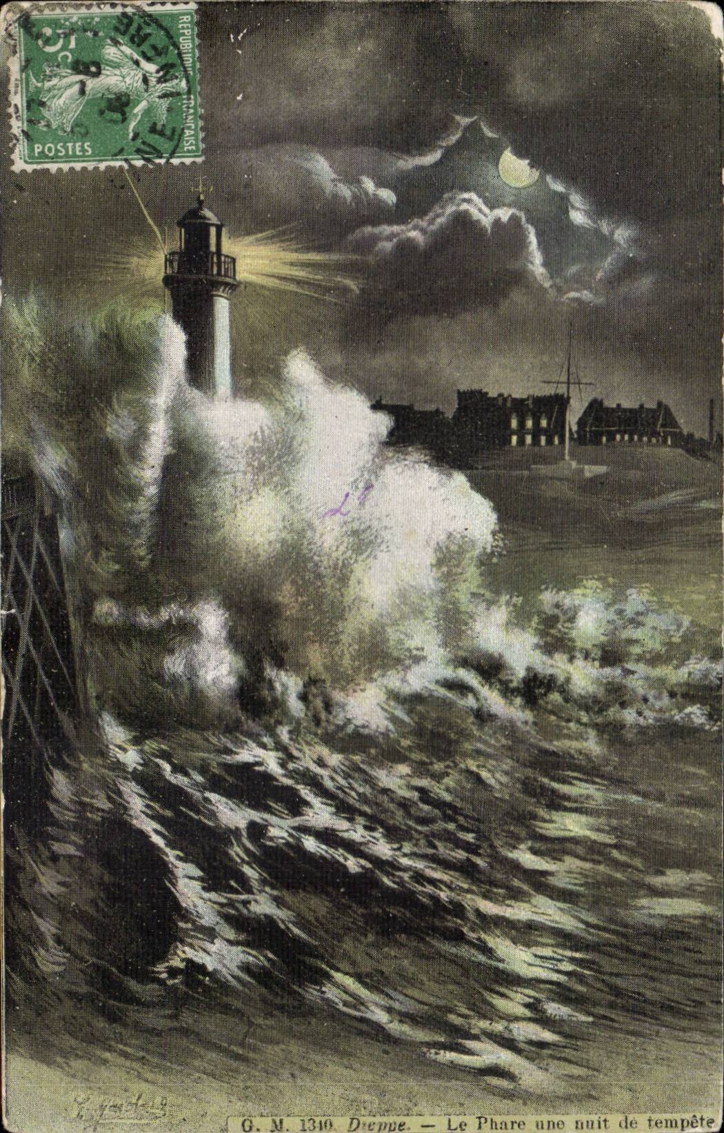 CPA Dieppe Le phare une nuit de tempete Lighthouse