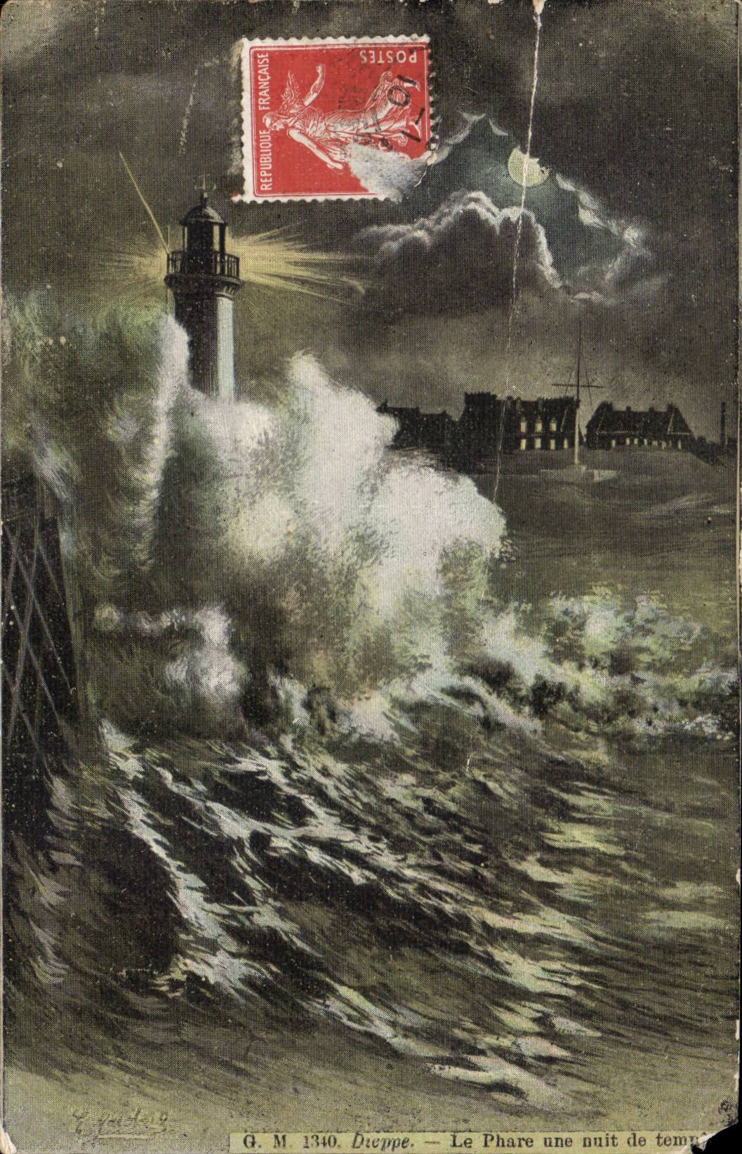 CPA Dieppe Le phare une nuit de tempete