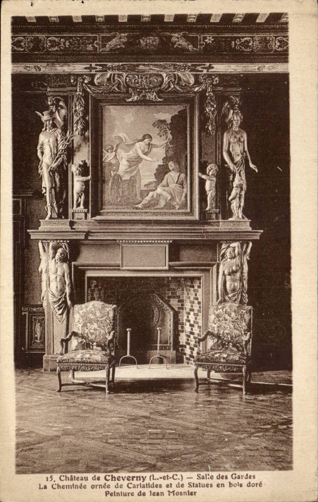 Château de Cheverny (Loir-et-Cher) — Salle des Gardes, cheminée ornée de cartalides et de statues en bois doré — Peinture de Jean Mosnler