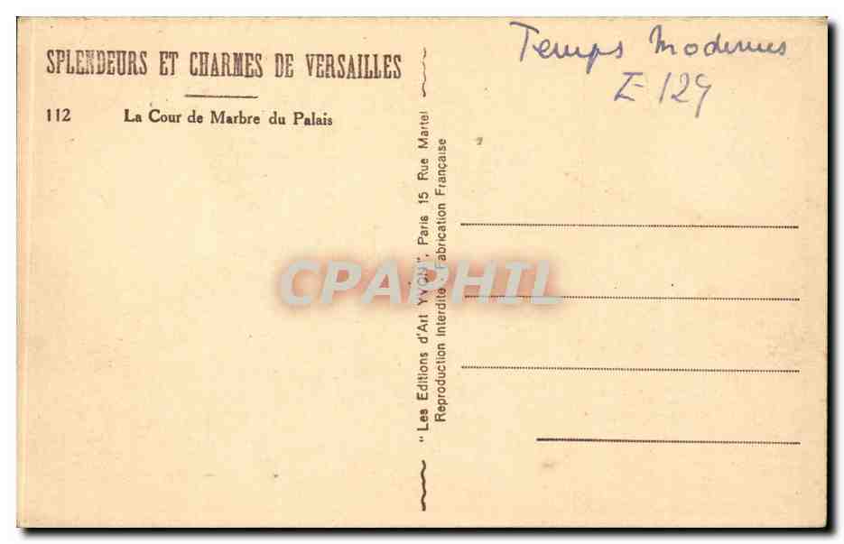 La Cour de Marbre du Palais — Versailles — Éditions d'Art Wycht, Paris — Verso