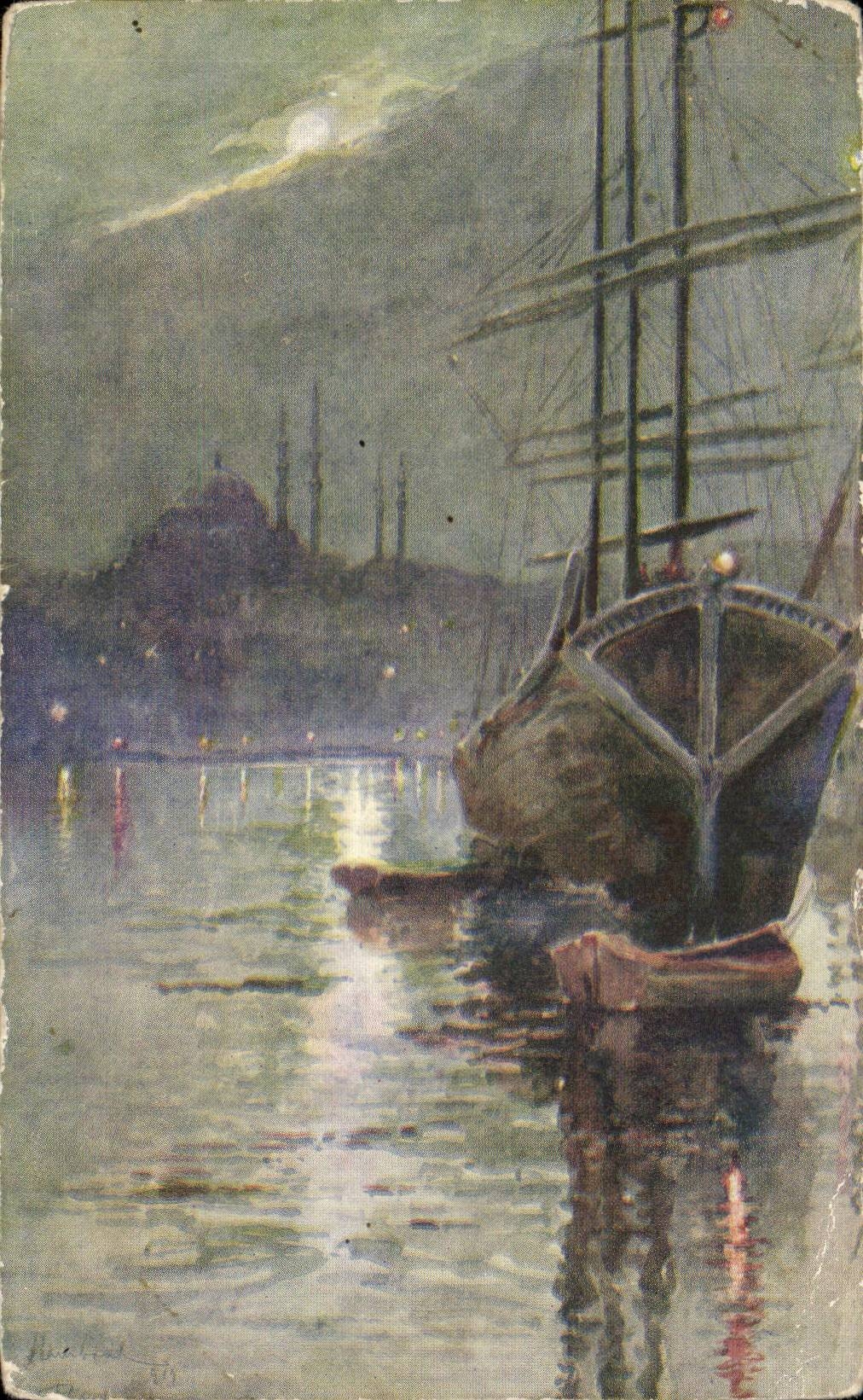Stamboul au clair de lune — vue nocturne avec mosquée et bateau — Éditions d'Art E. F. Rochat, Constantinople, n° 570