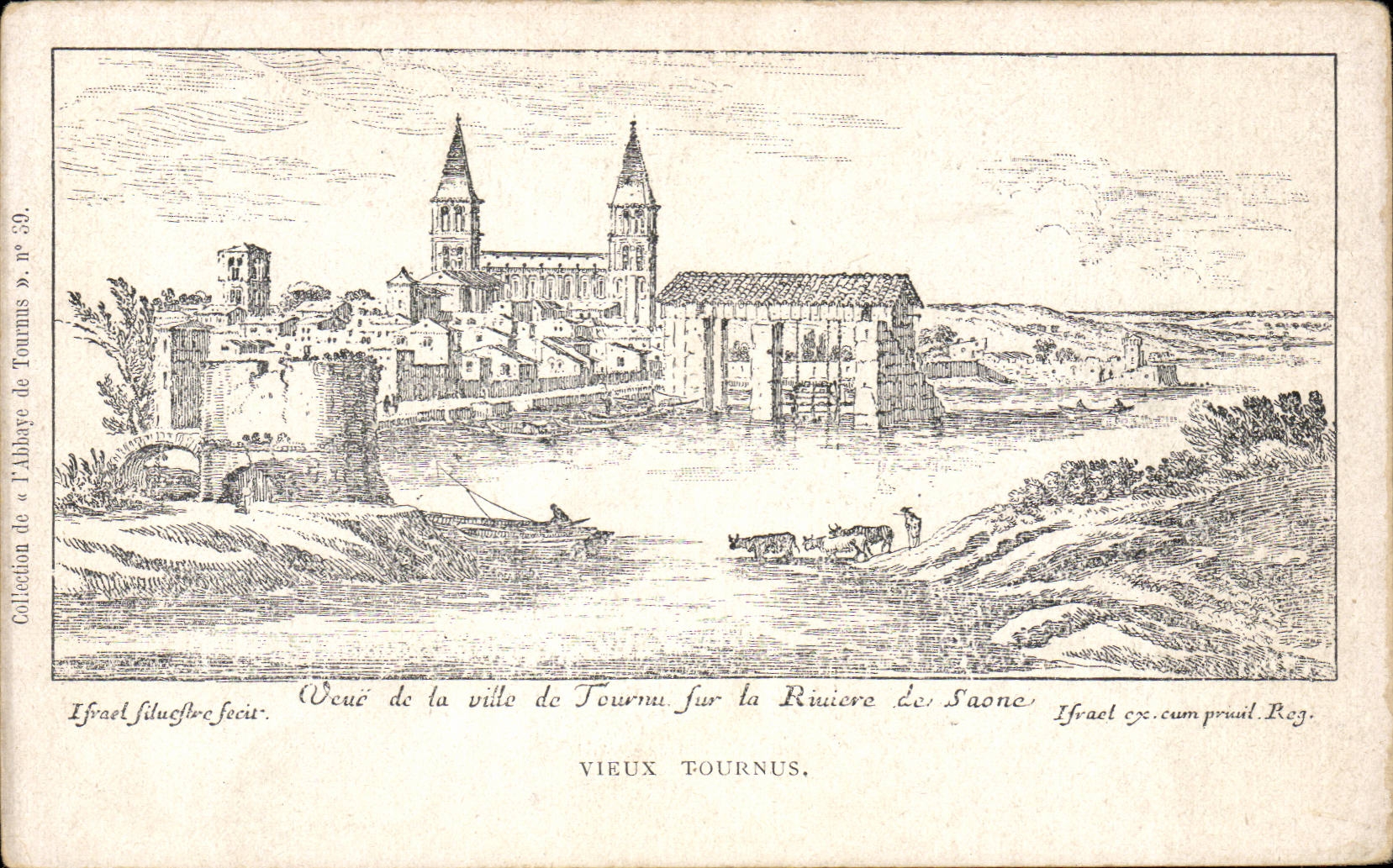 Vieux Tournus — vue de la ville sur la rivière Saône — Collection de l'Abbaye de Tournus, n° 39, gravure d'Israël