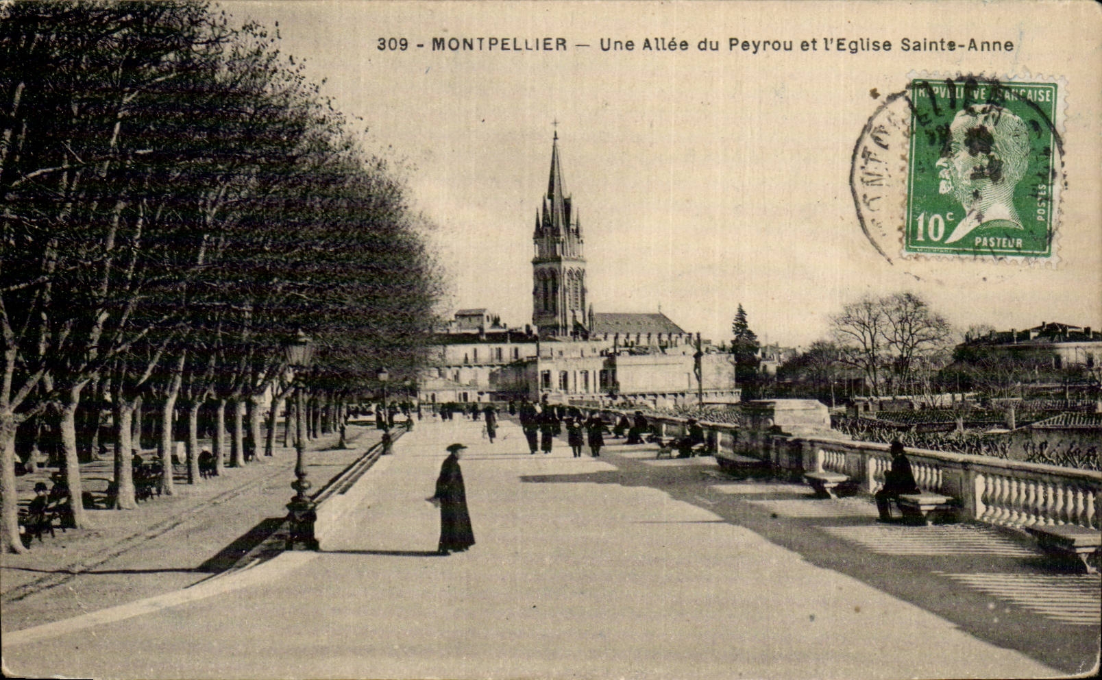 Montpellier — Une Allée du Peyrou et l'Église Sainte-Anne — Phototypie C. Diderot