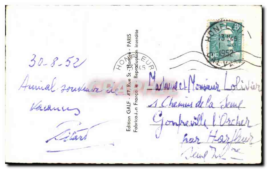 Honfleur — Souvenir d'Honfleur — Éditeur ALF, n° série non visible — Verso