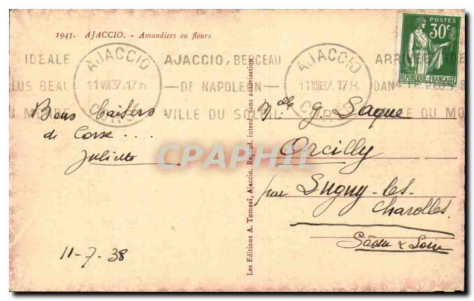 Amandiers en fleurs — Ajaccio — Éditions A. Tomasi — Verso
