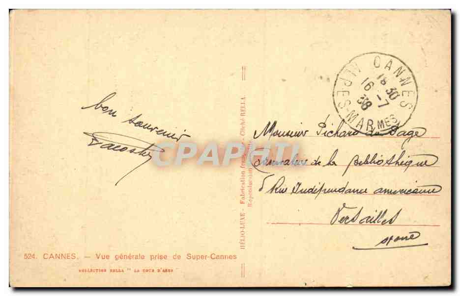 CPA Cannes Vue generale pris de Super Cannes — Verso