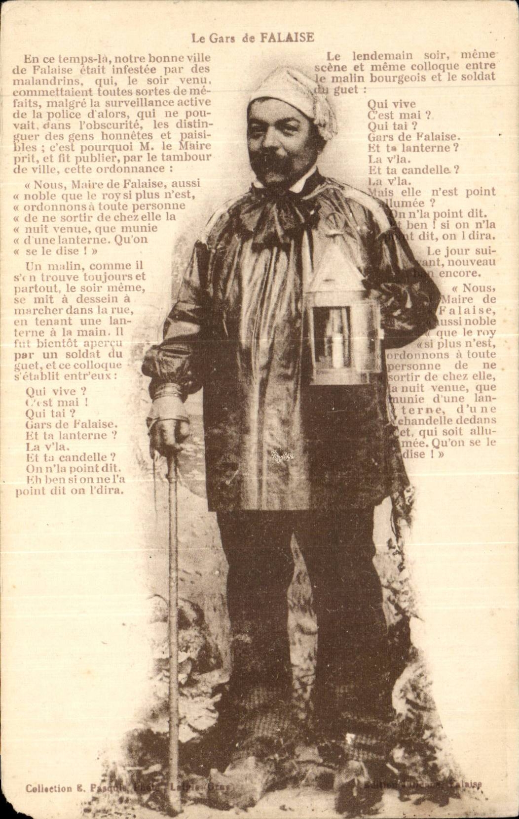El Hombre de FALAISE — escena local con texto impreso — Colección E. Pasquet, Châlons-sur-Marne