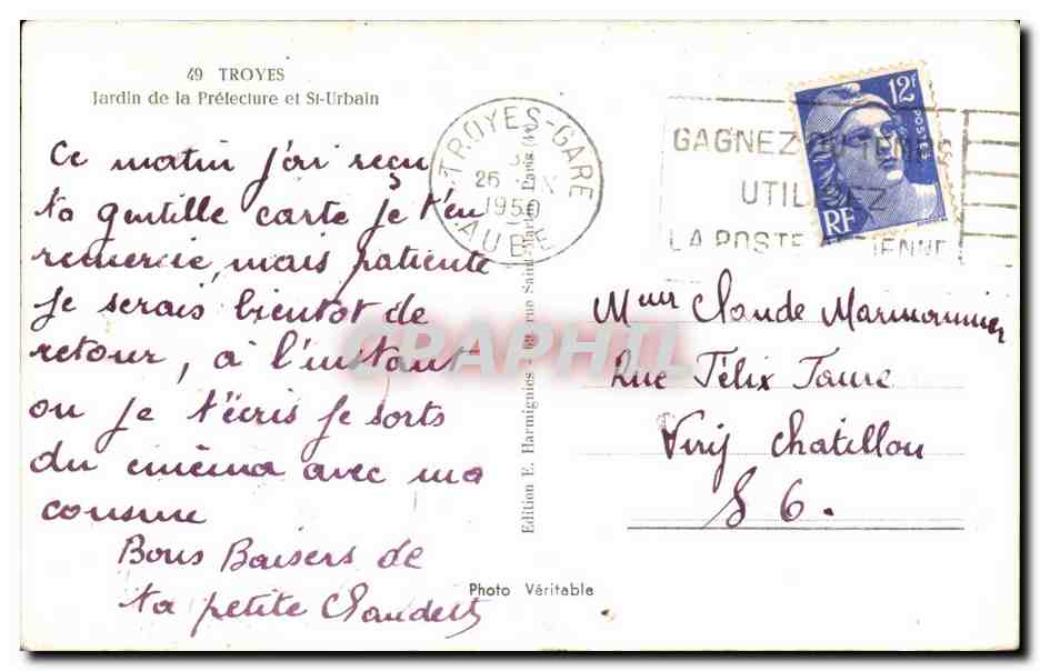 Jardin de la Préfecture et St-Urbain — TROYES — Edition E. Harmignie — Achterkant