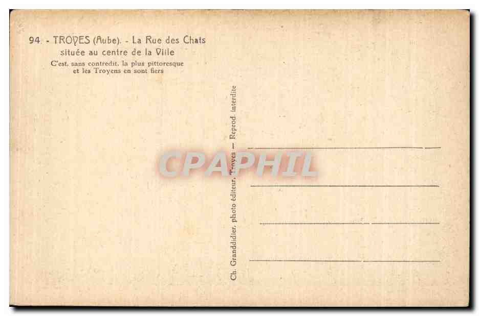 Troyes CPA la rue des chats  — Verso
